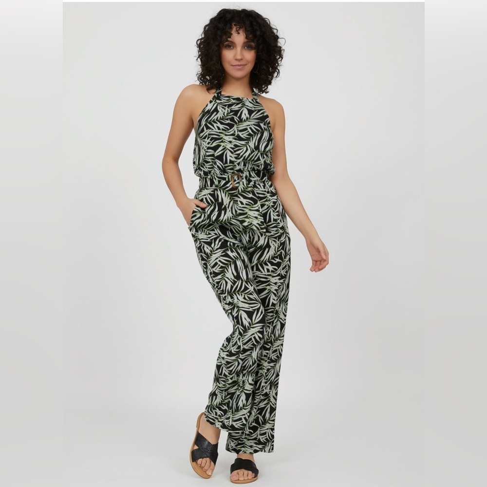 Belted Tropical Print Halter Neck Jumpsuit